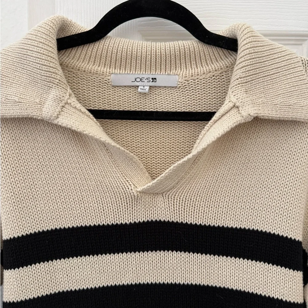Joe's Black and Cream Striped Knit Collared Sweater - Size S - Picture 7 of 8